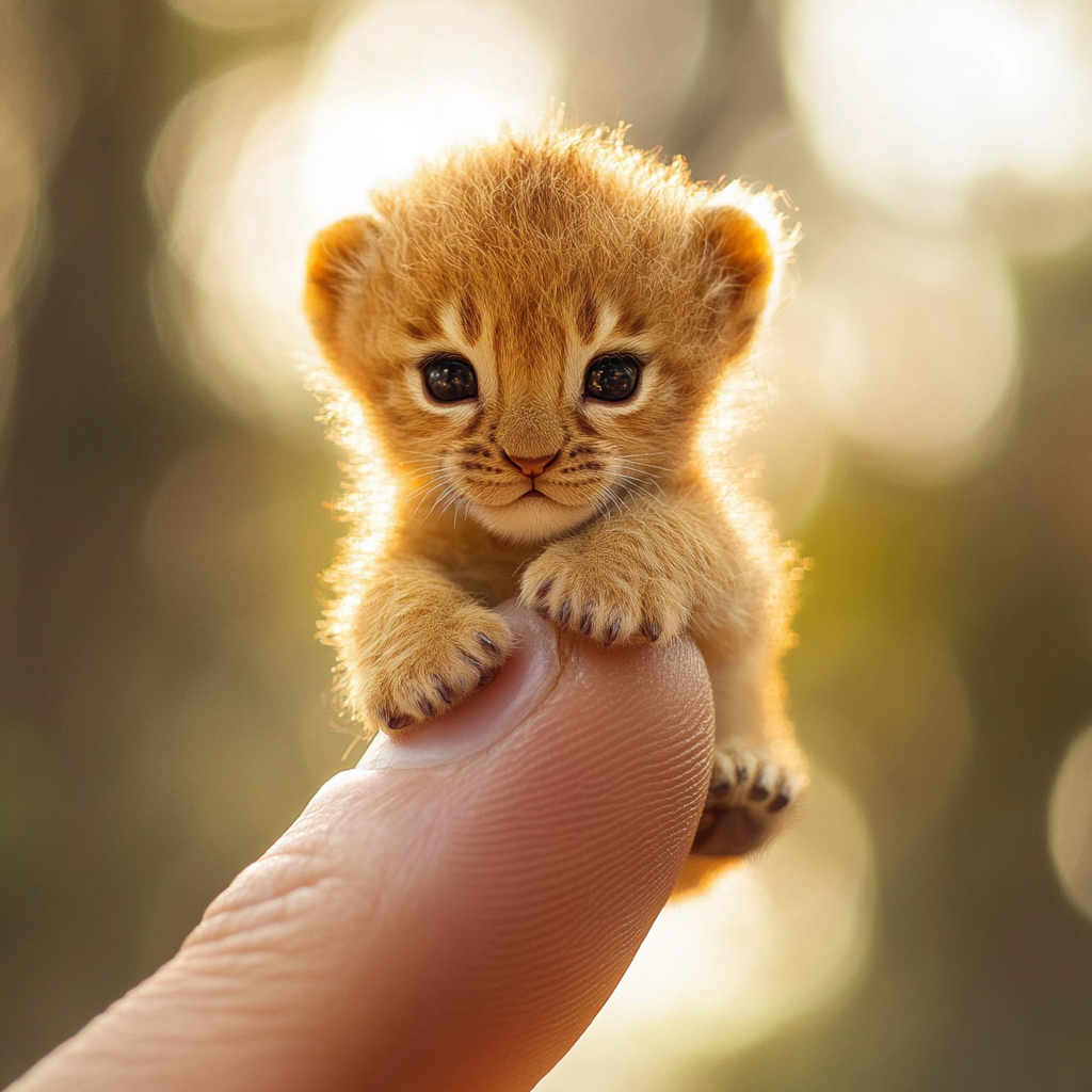 A cute tiny lion cub resting on finger