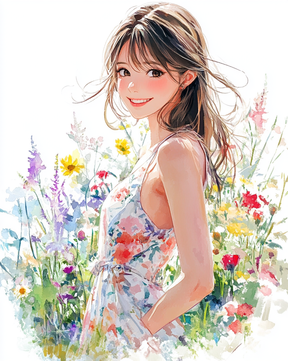 A cute woman smiling in floral dress illustration.