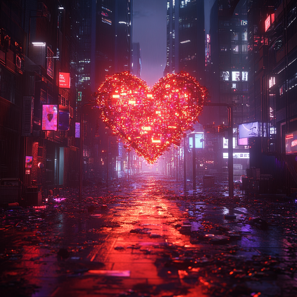 A cyberfuturistic city with broken heart neon lights