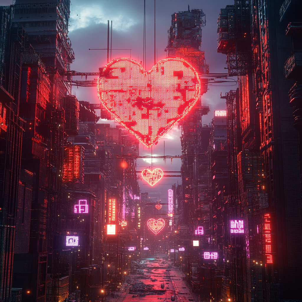 A cyberfuturistic city with heartbreak lights at sunset.