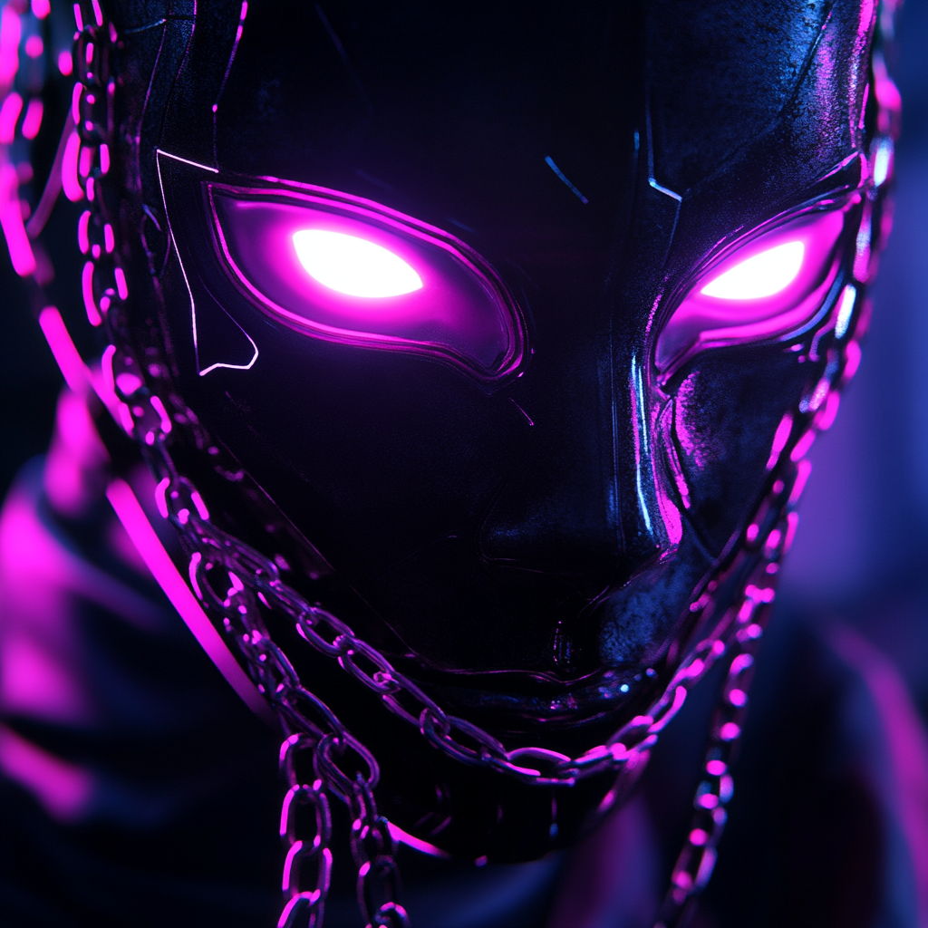 A cyberpunk character with glowing eyes and chains.