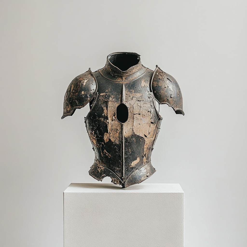 A damaged knight's armor on display gallery box