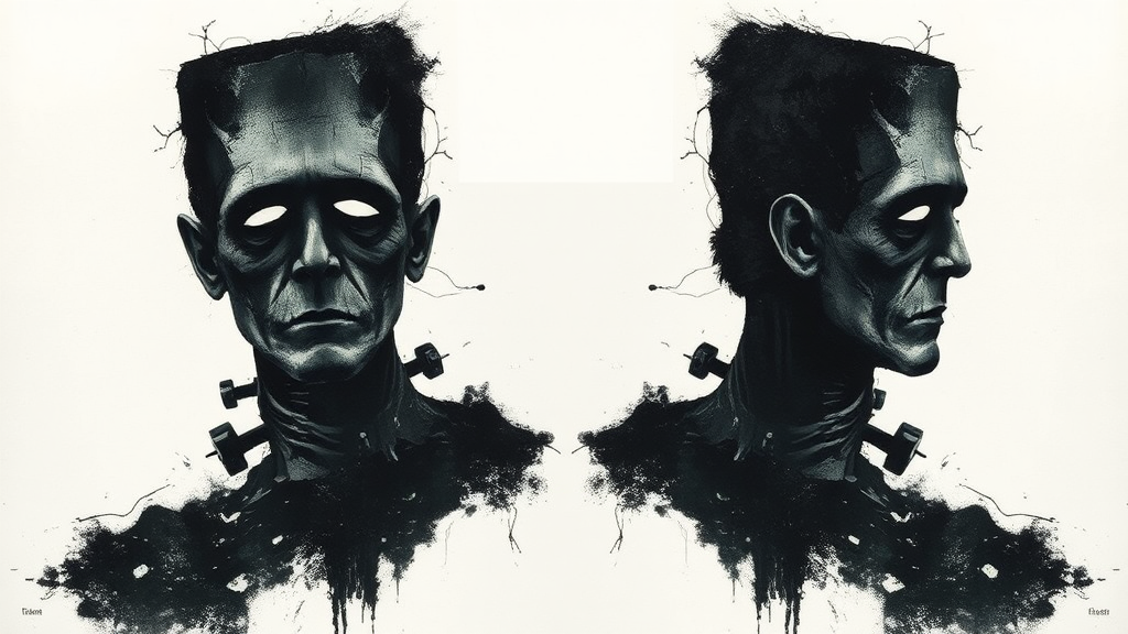 A dark, eerie Frankenstein silhouette in ink