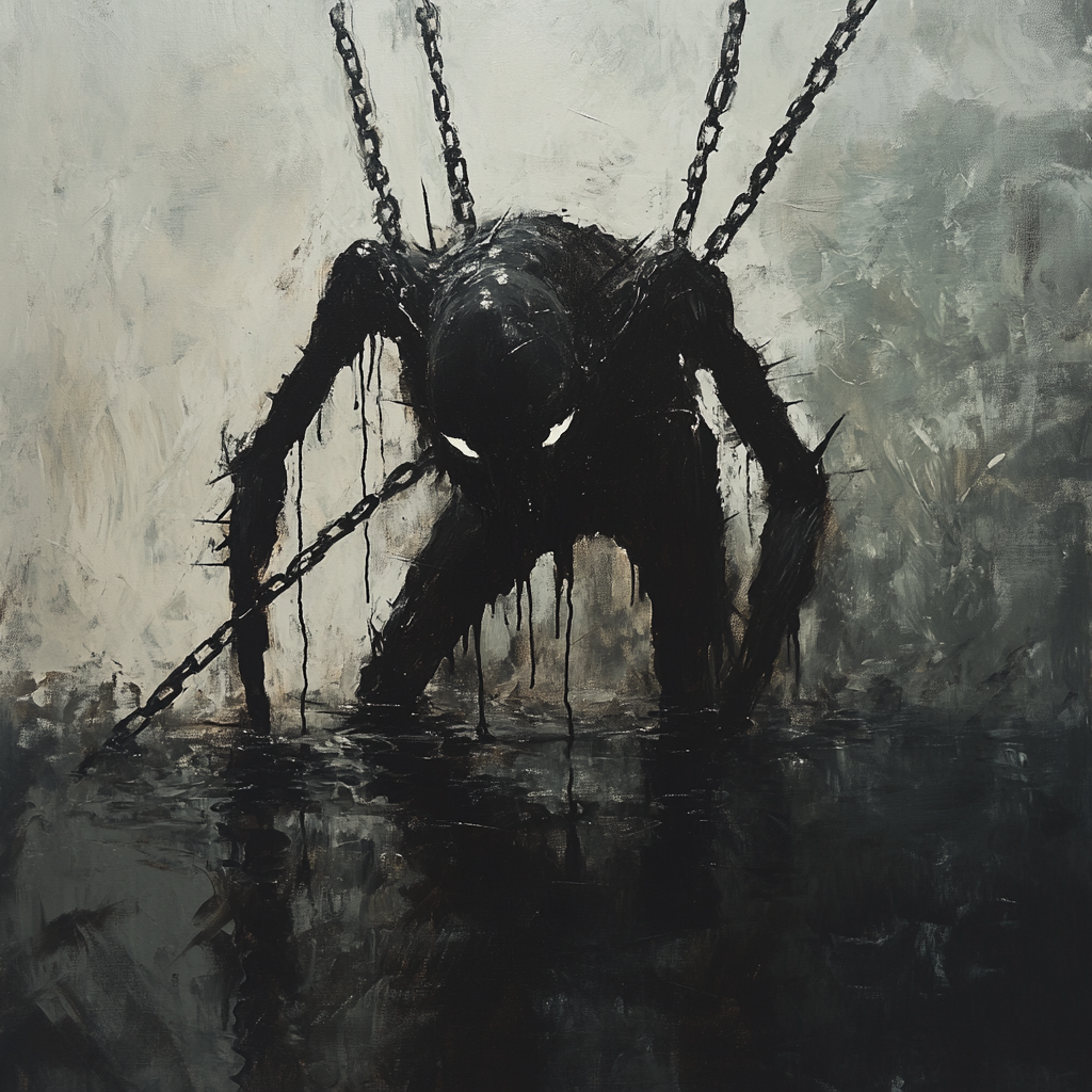 A dark, scary creature with chains in water.