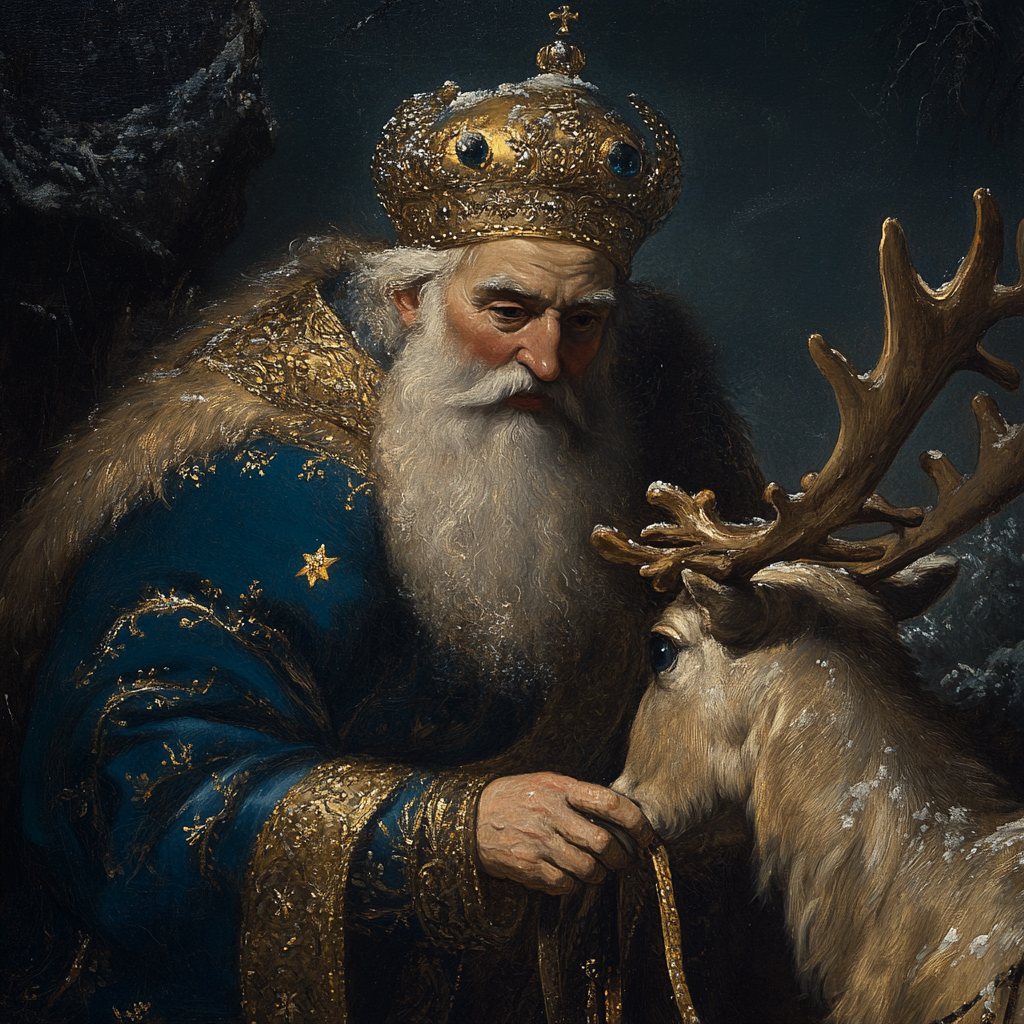 A dark baroque scene of Saint Nicholas in winter.