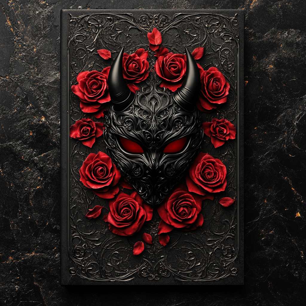 A dark book cover with red roses and devil.