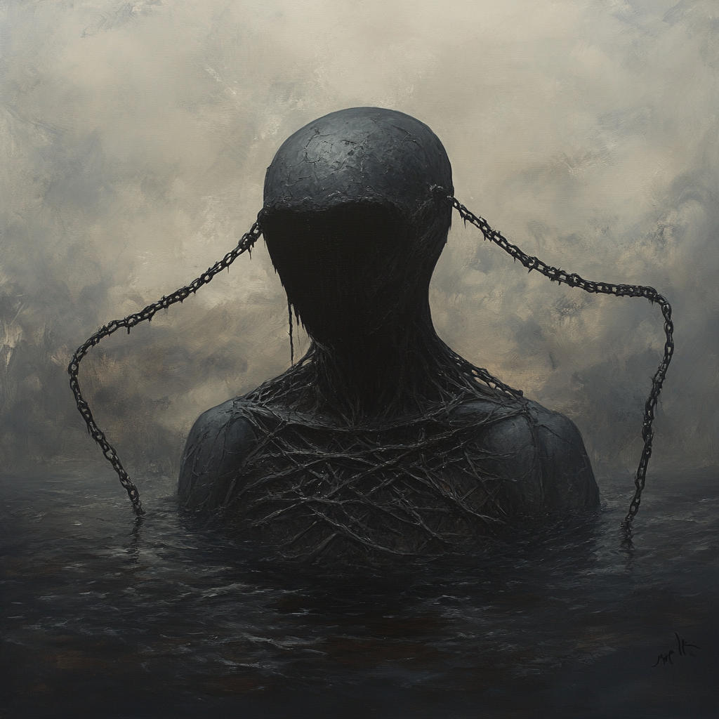 A dark demon with chains in misty water.