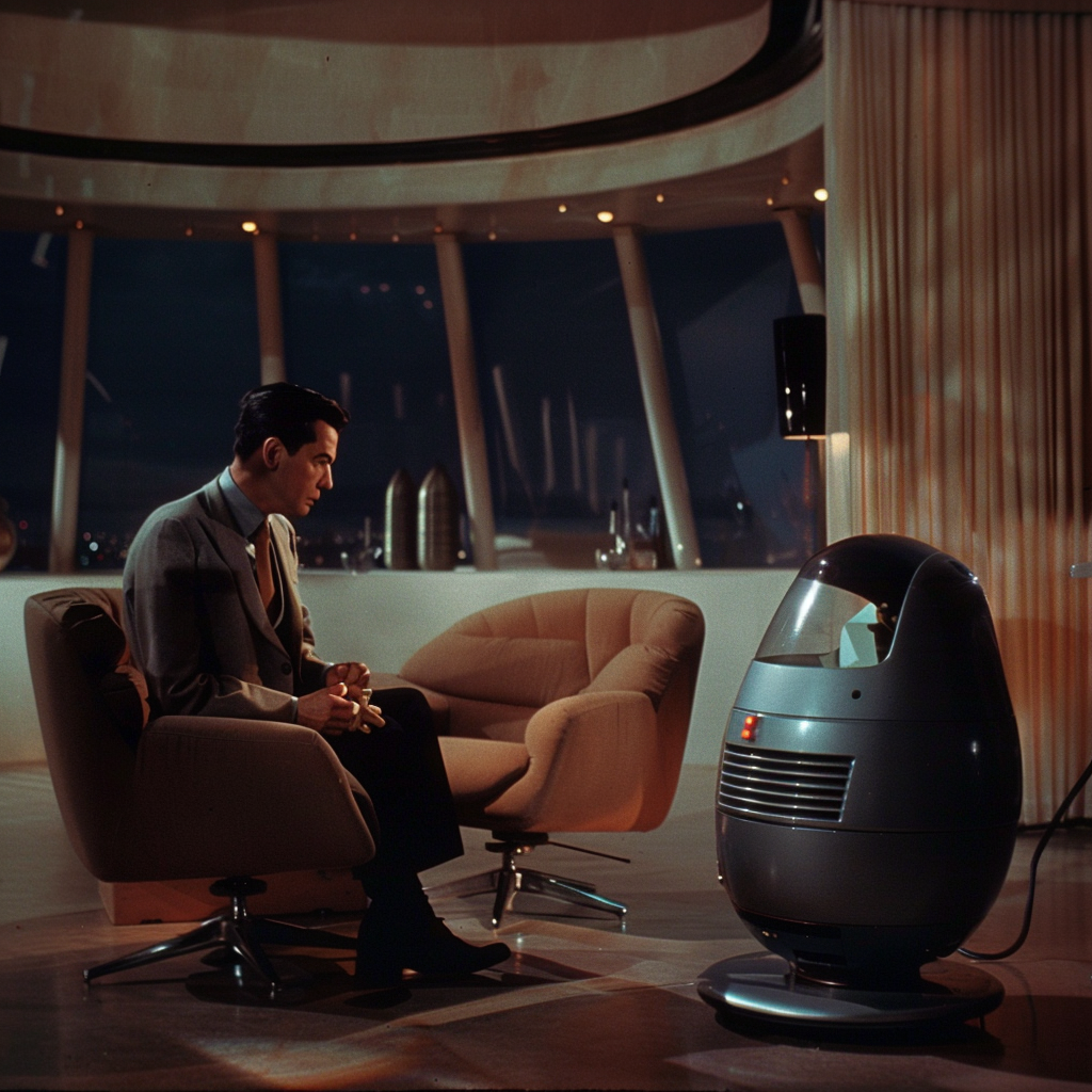 A dark-haired man talks to a 50's robot