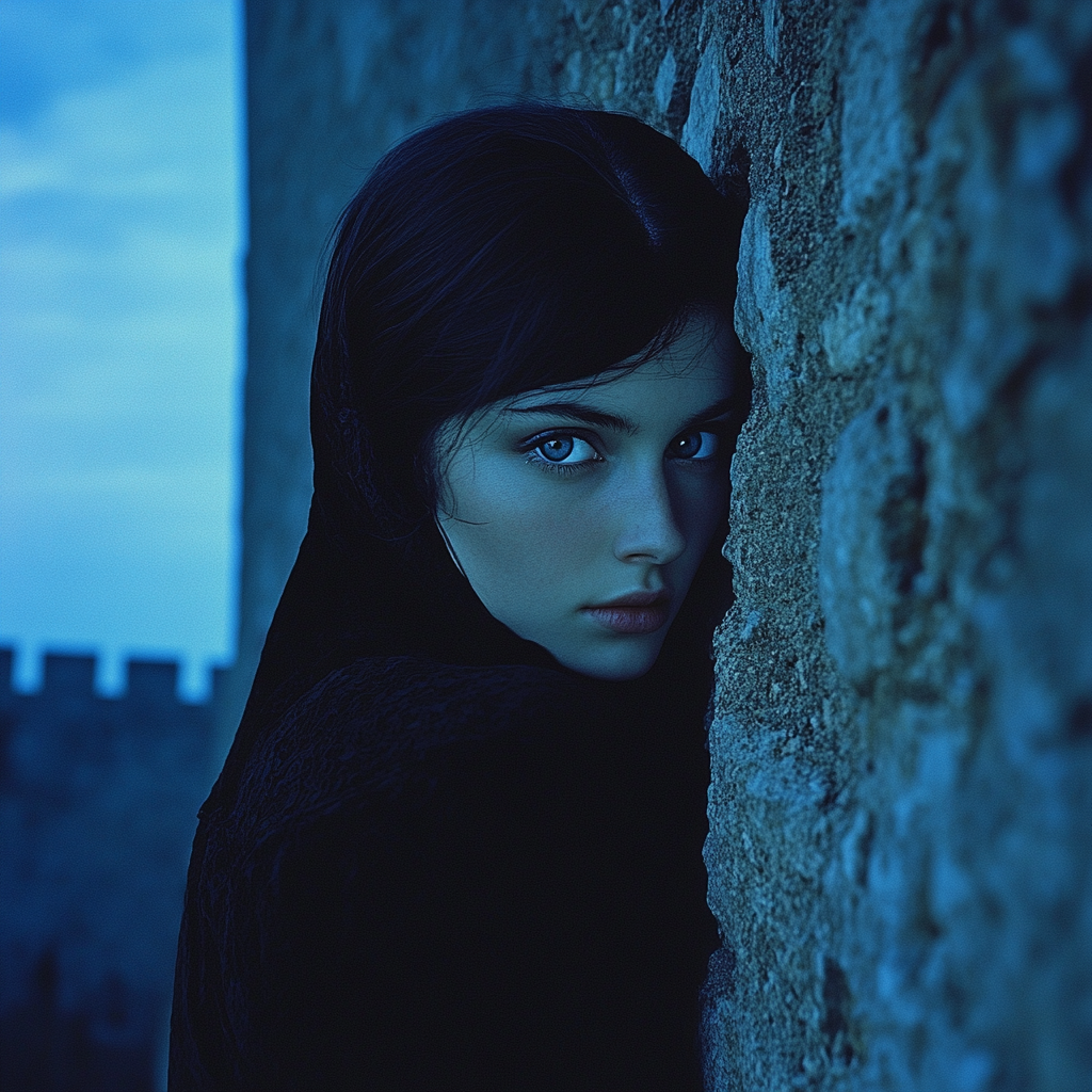 A dark-haired woman in black dress peering