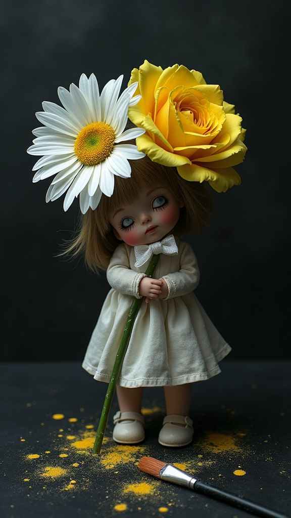 A dark image with daisy, yellow rose, broken doll