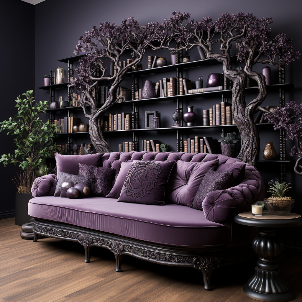 A dark room with tree-shaped bookshelves and books.