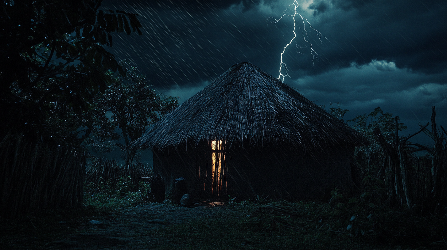 A dark village hut in African mythology