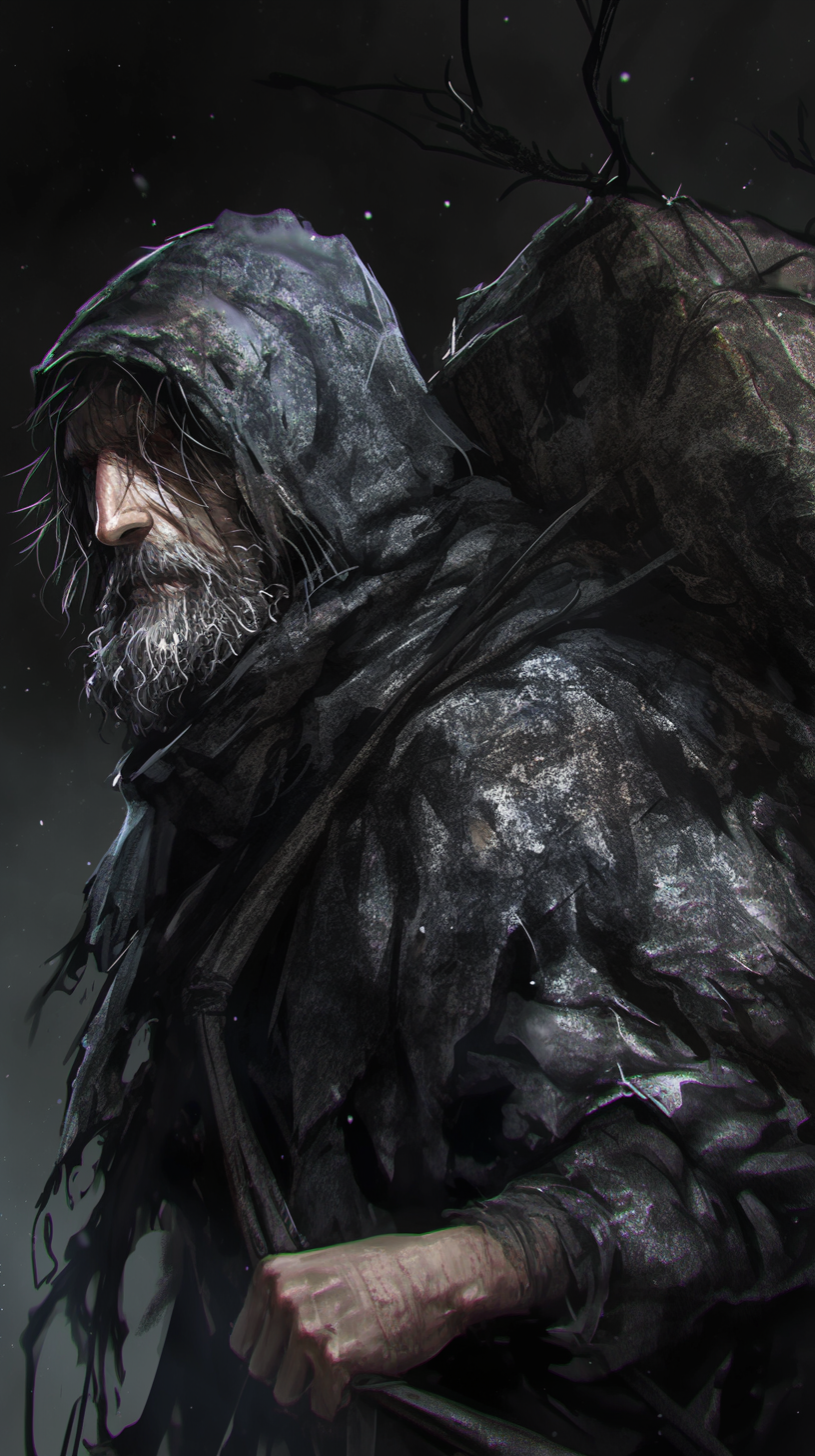 A decrepit man with tattered coat and hood.