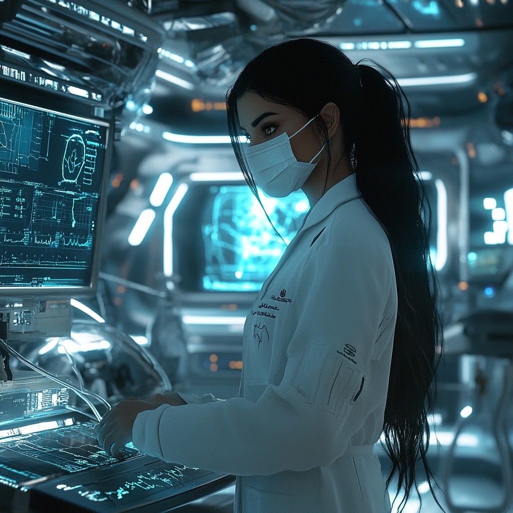 A dedicated doctor in a futuristic spaceship clinic