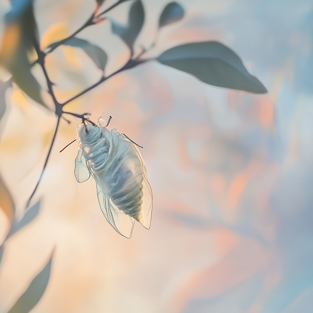 A delicate chrysalis in soft morning light