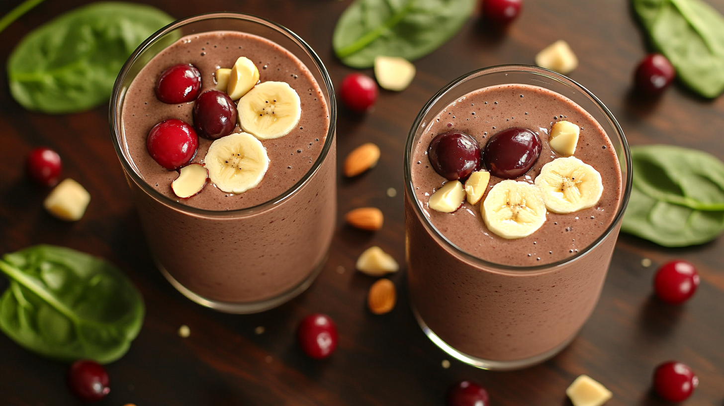 A delicious cherry-chocolate smoothie with fruity toppings