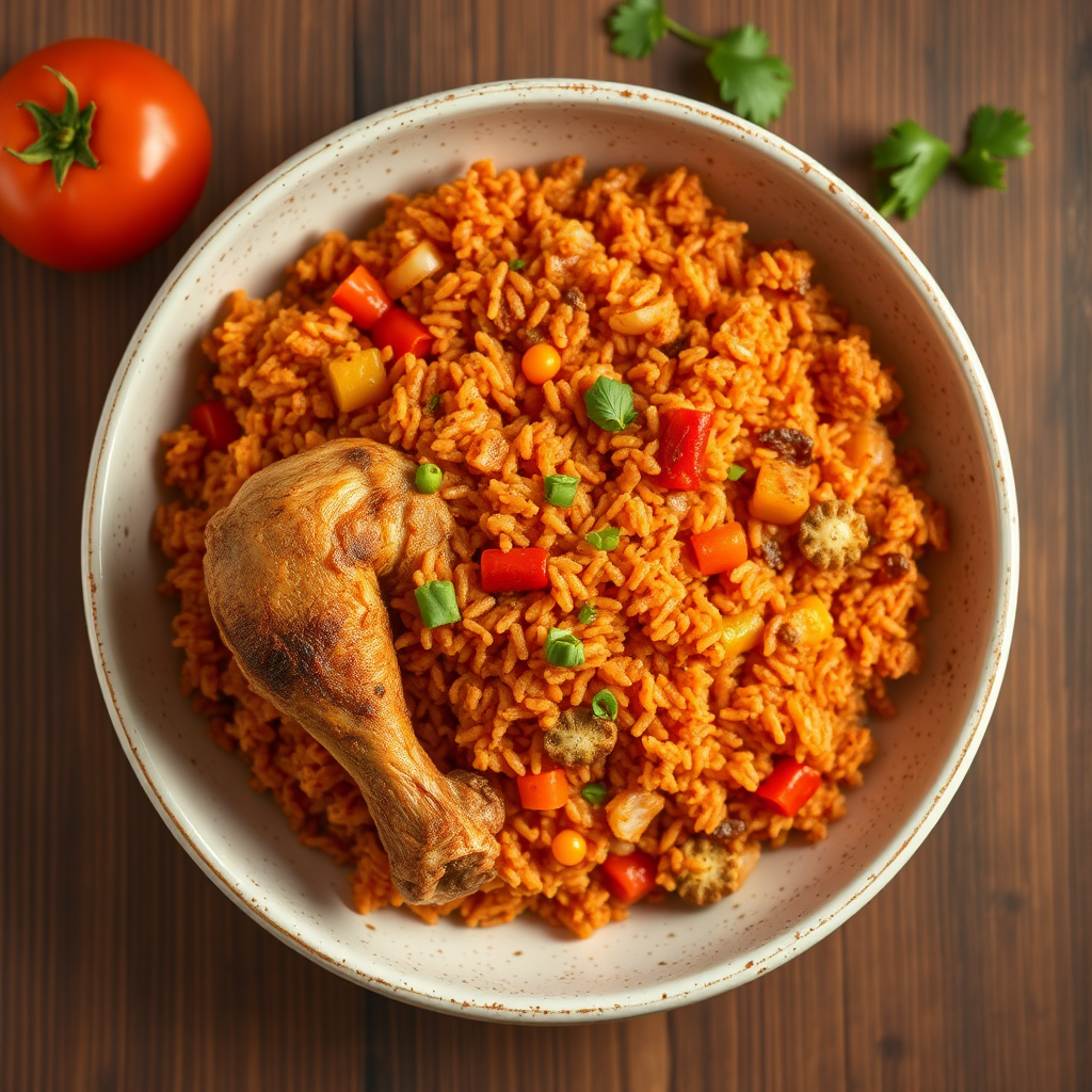 A delicious plate of jollof rice with chicken