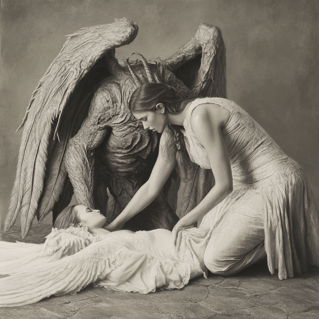 A demon holds a dying angel