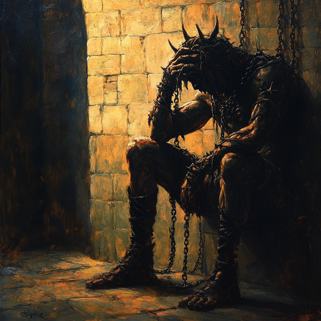 A demon in a dark castle with chains, distressed.