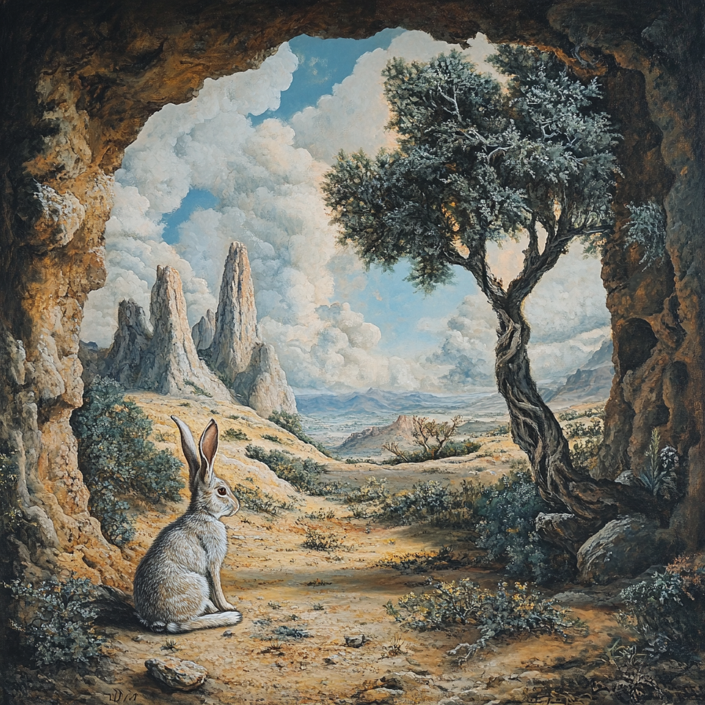 A desert hare in a classical desert painting.