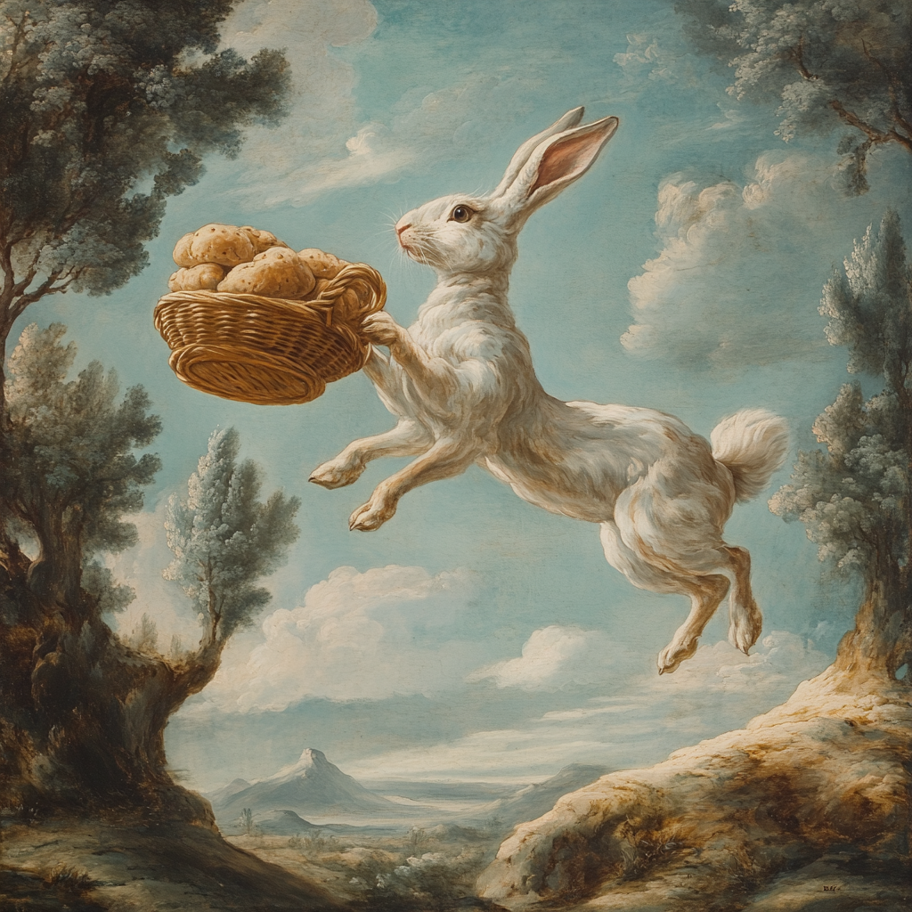 A desert hare jumps with a basket of bread