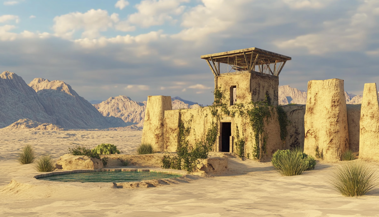 A desert outpost with oasis fountain and watchtower.