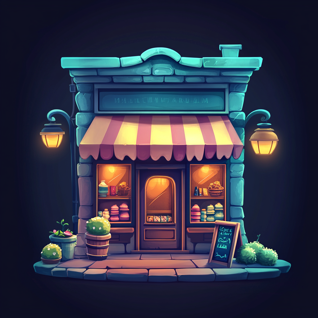 A detailed 2D game storefront on dark background.