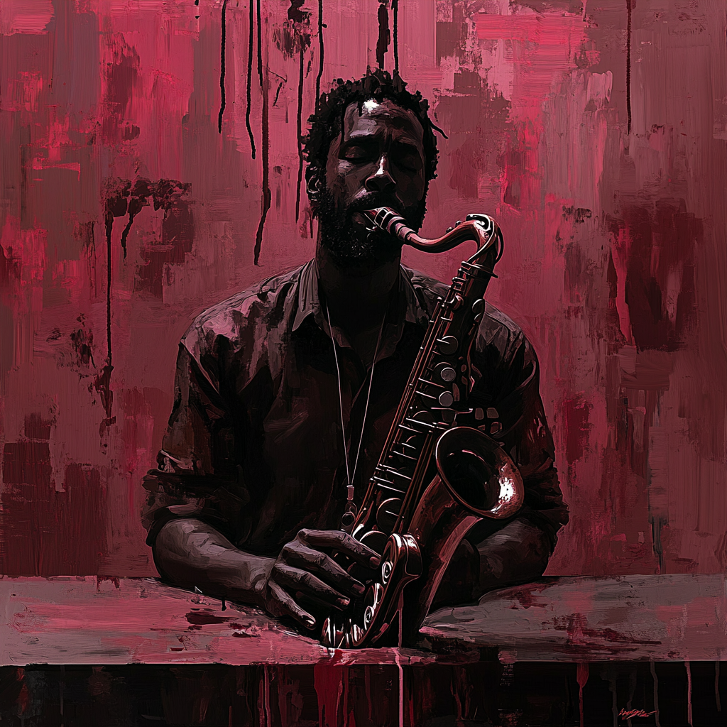 A detailed African man playing saxophone in abstract art.