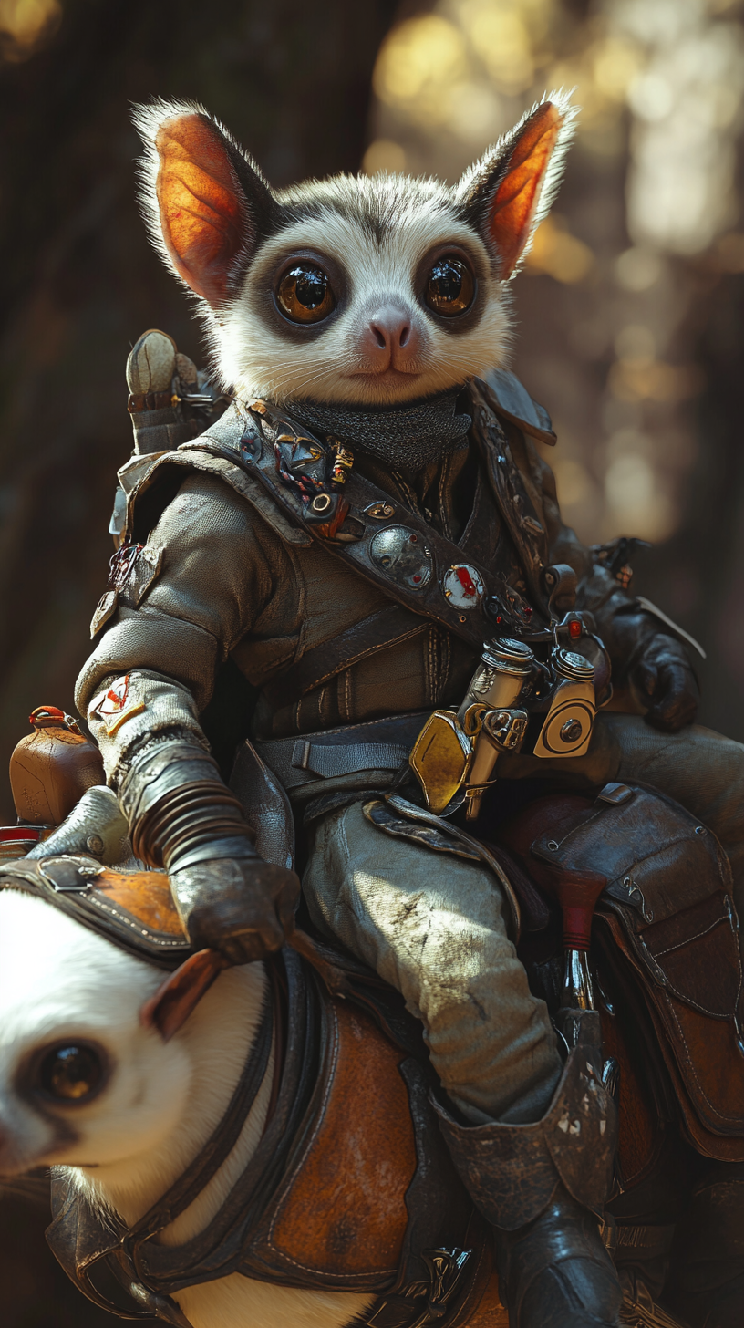 A detailed D&D character riding sugar glider.