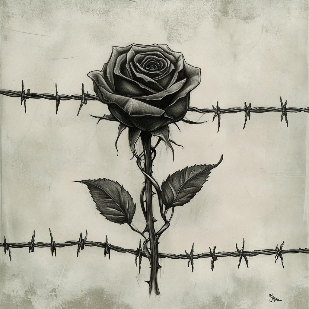 A detailed black and gray rose with Barbwire.