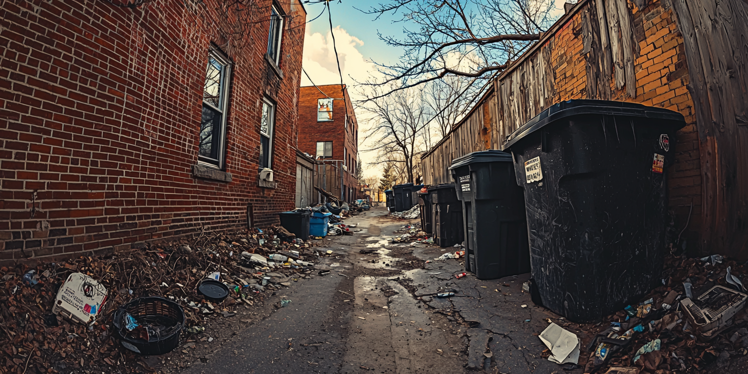 A detailed fisheye lens photo of dirty alleyway.