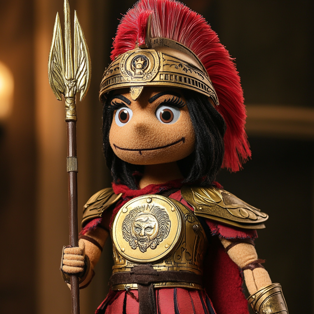 A detailed human muppet style puppet of Lady Sparta.