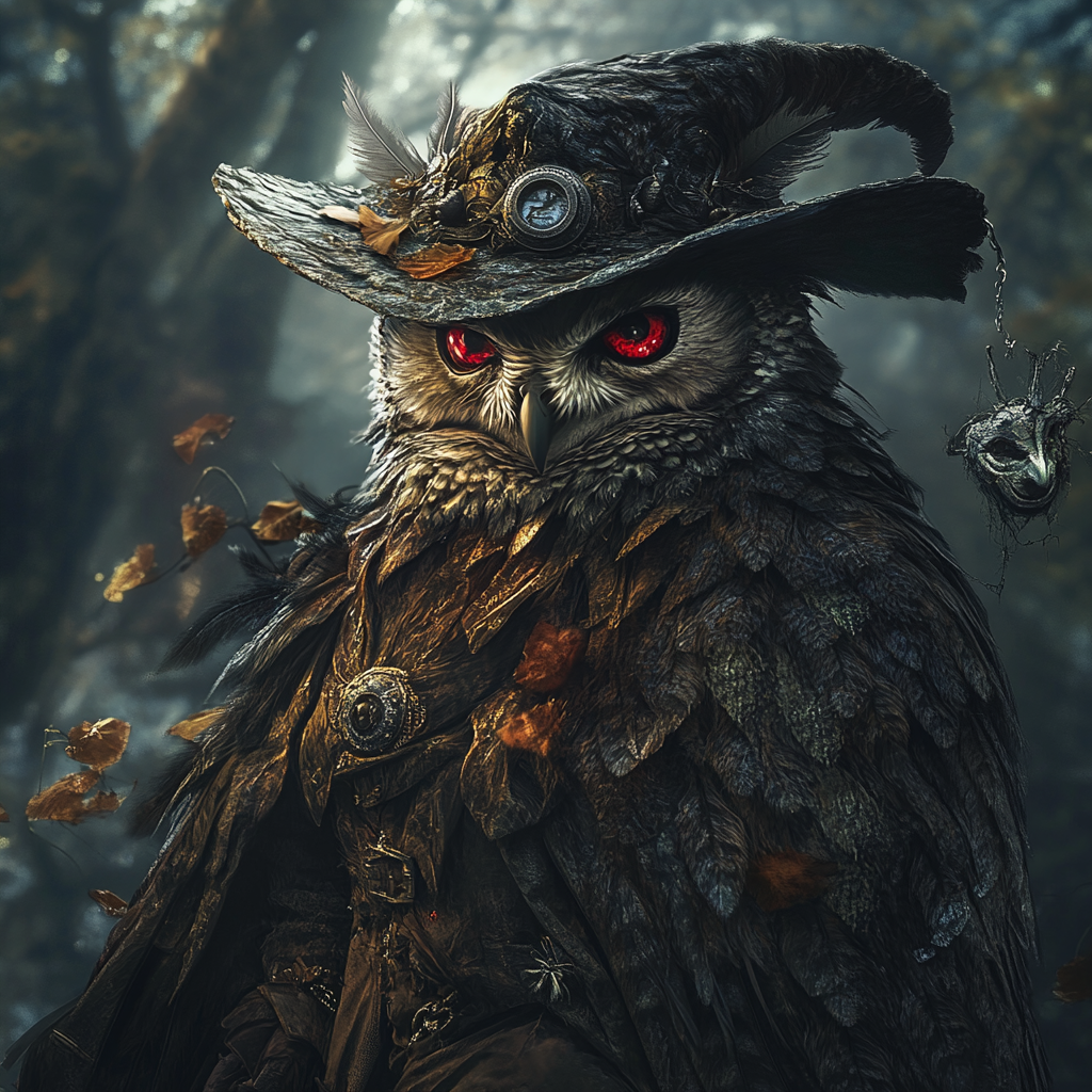 A detailed illustration of a steampunk owl witch