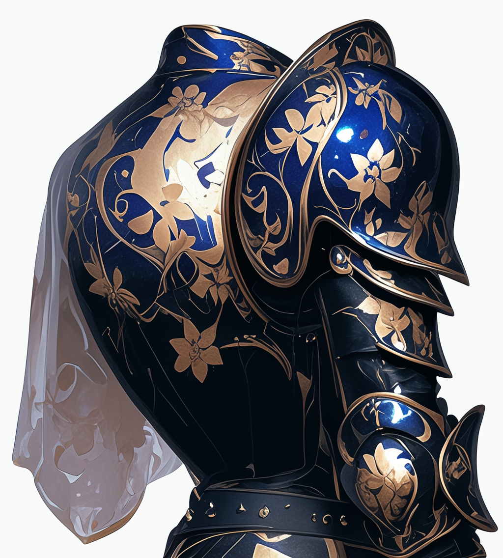 A detailed metallic shoulder armor with floral design.