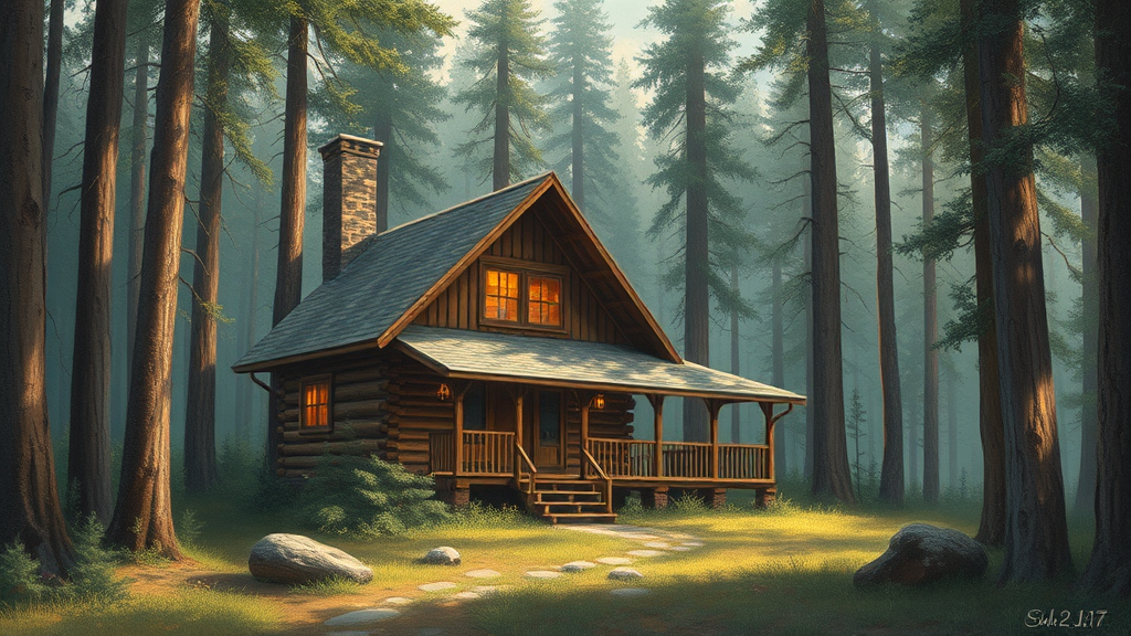 A detailed painting of a cabin in the woods.