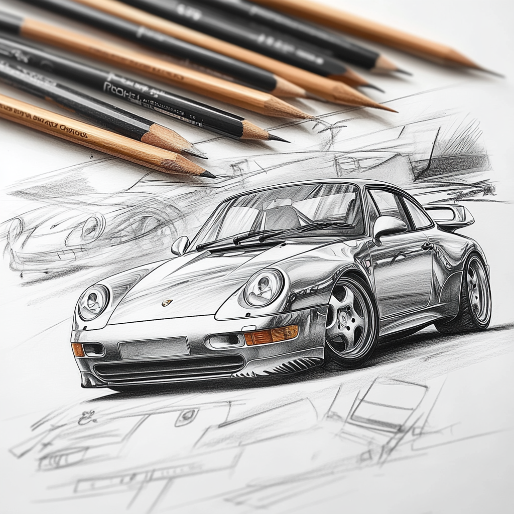 A detailed pencil drawing of a classic Porsche