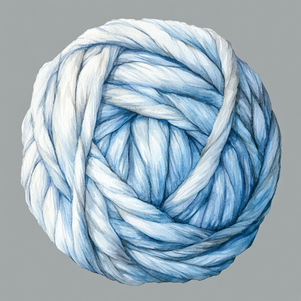 A detailed watercolor clipart of pastel blue yarn.