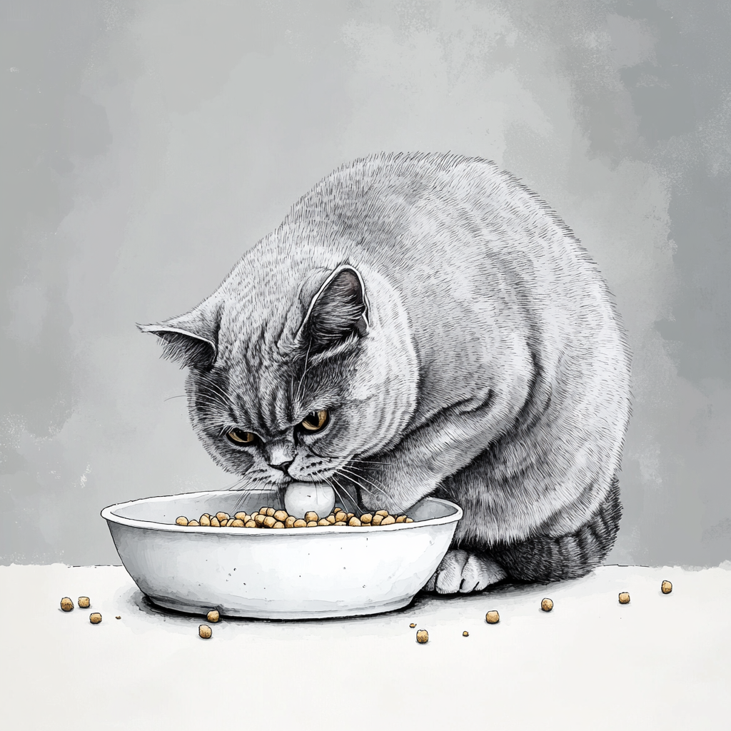 A detailed watercolor illustration of a fat cat eating.