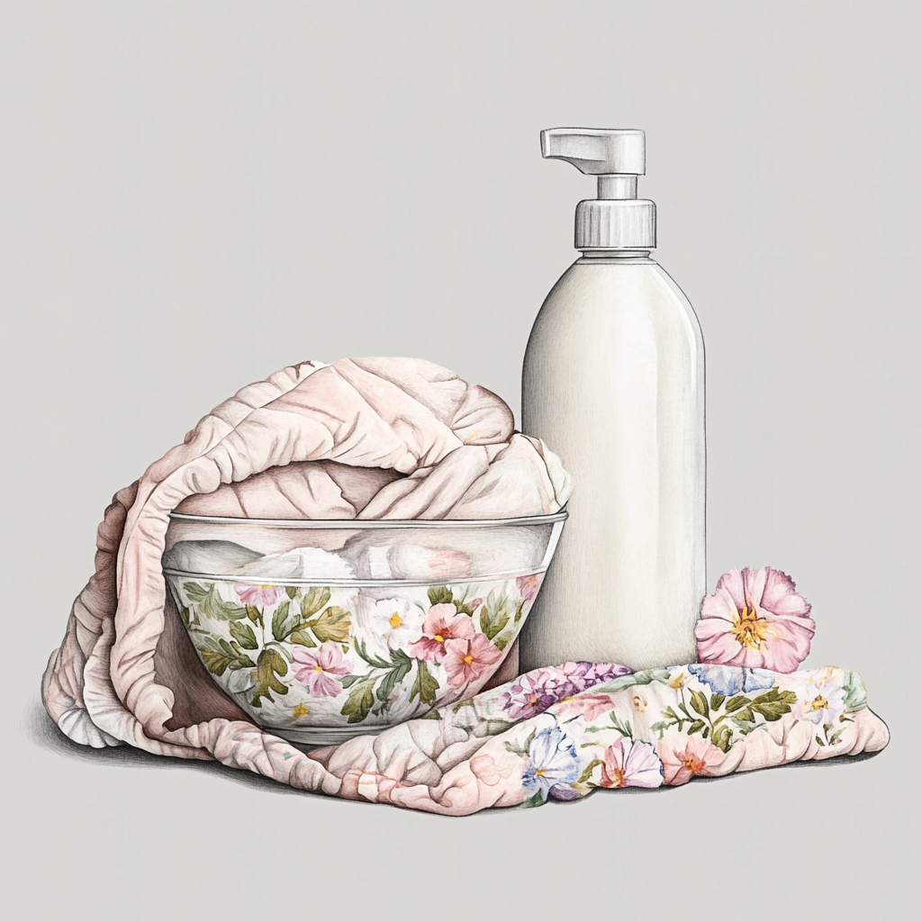 A detailed watercolor image of fabric softener setup.