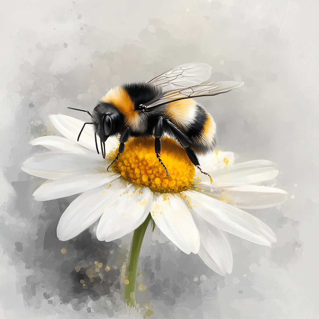 A detailed watercolor of a bumblebee on daisy