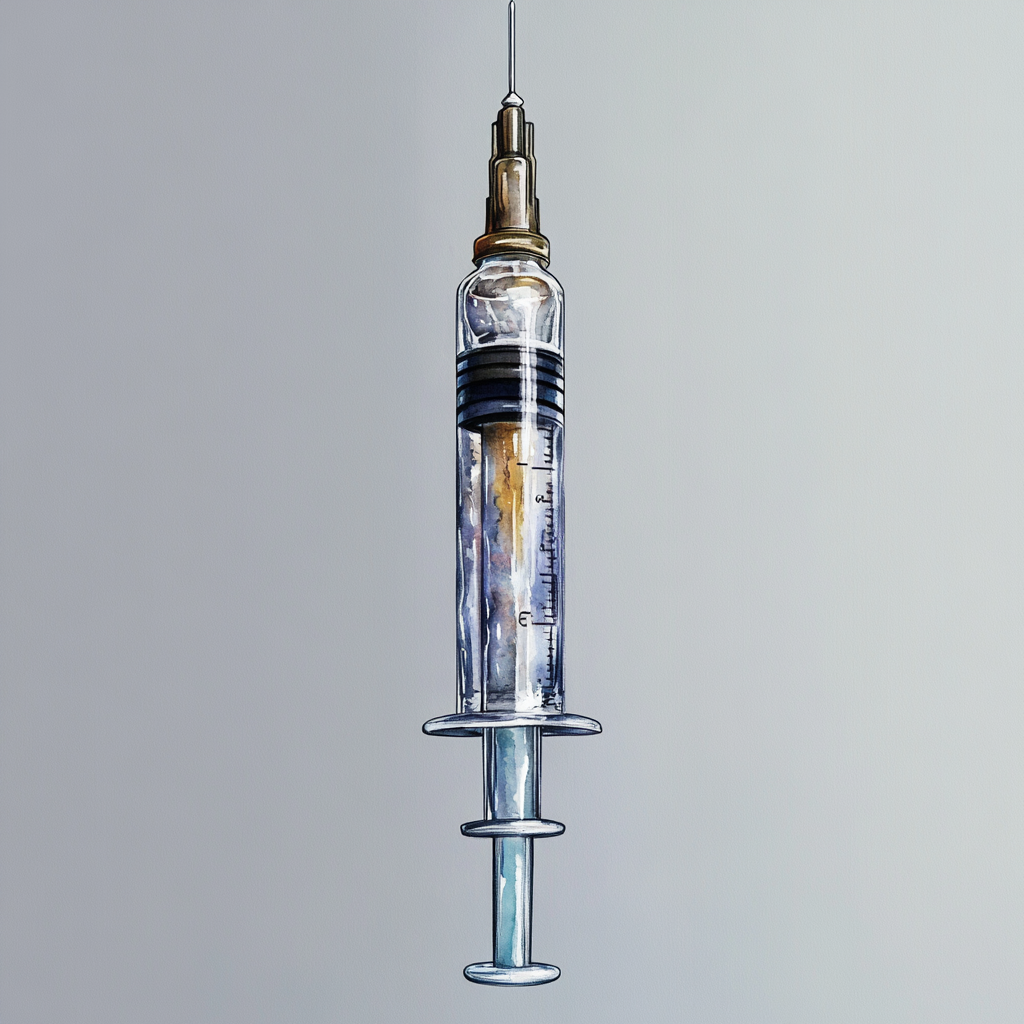 A detailed watercolor of syringe on gray background