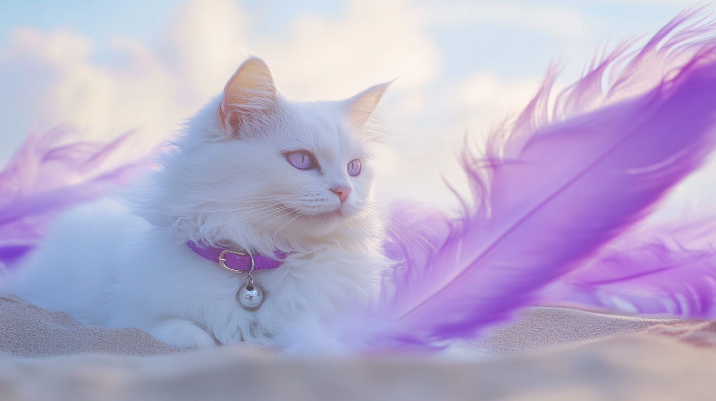 A detailed white cat with purple feathers on beach