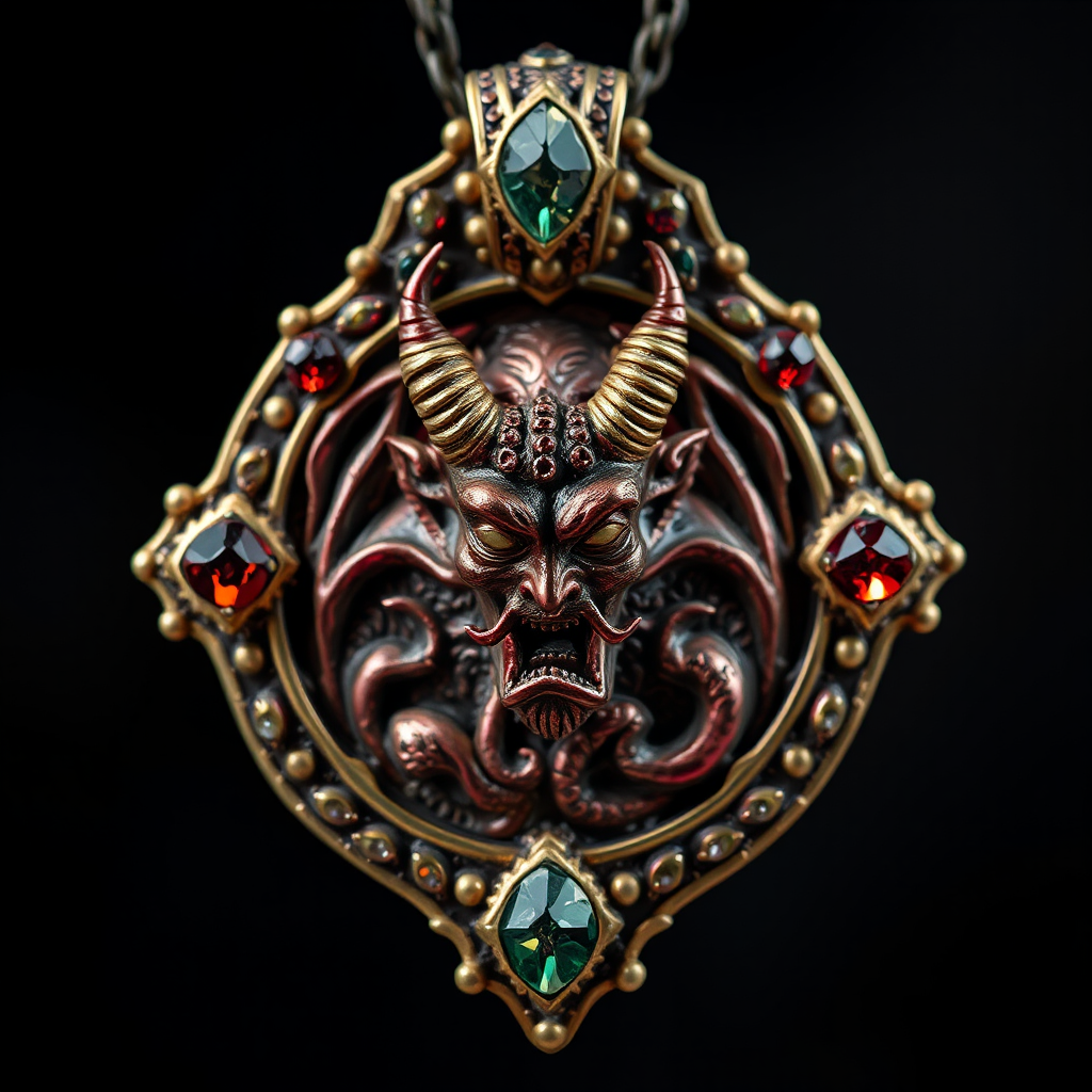 A devil depicted on jewelled amulet in photograph.