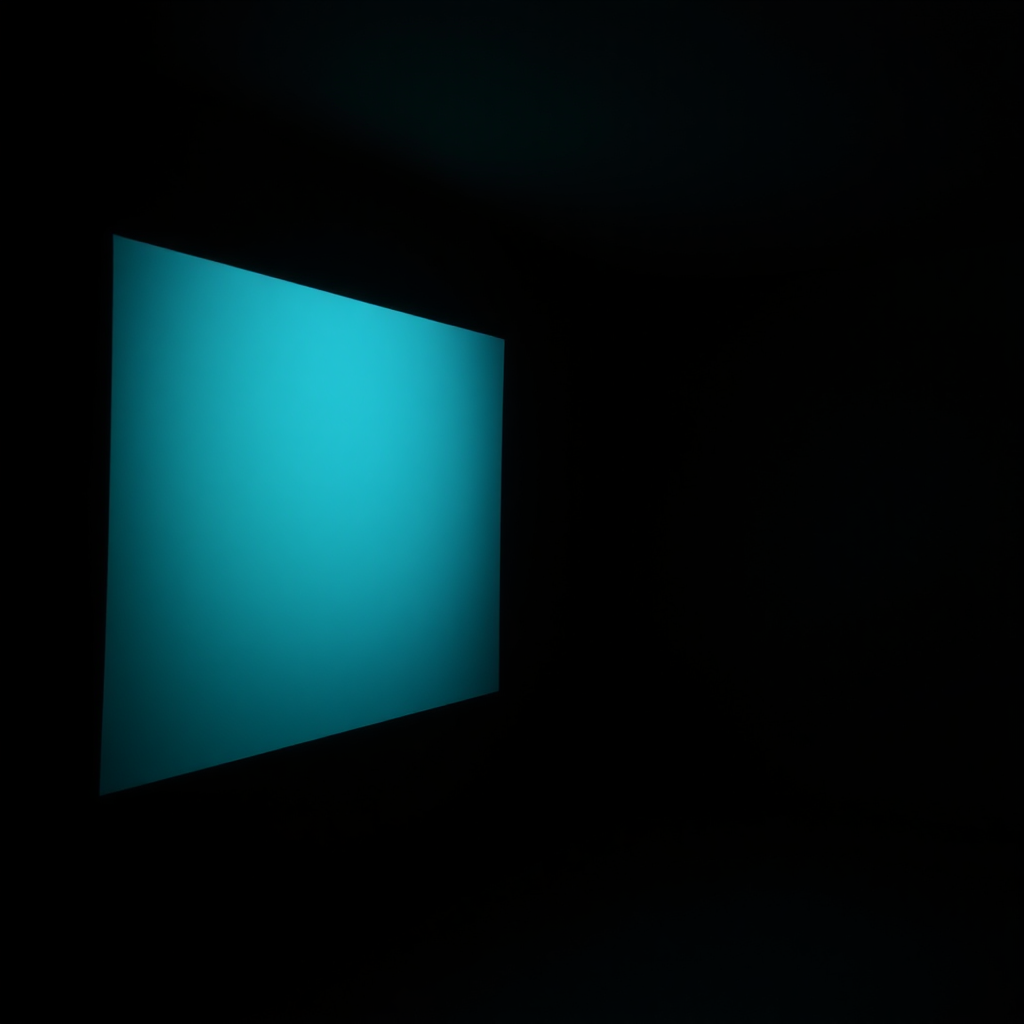 A dimly lit room with glowing screen.