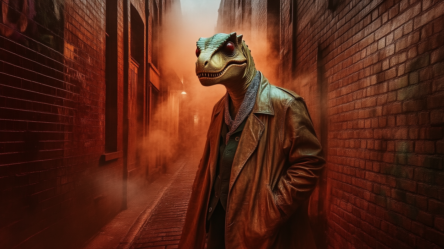 A dinosaur gang leader in an alley