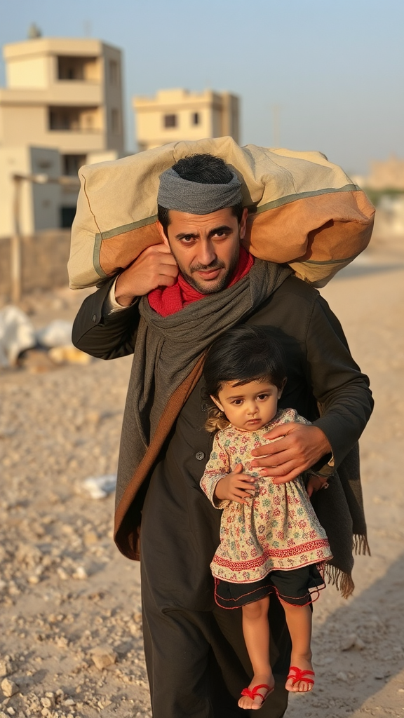 A displaced Gaza family with father, child, belongings.