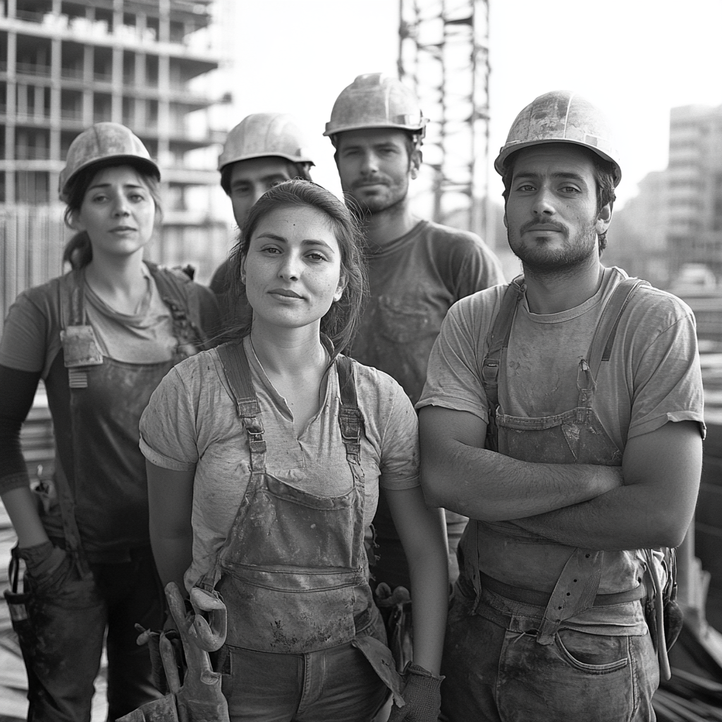 A diverse group of construction workers standing proudly together.