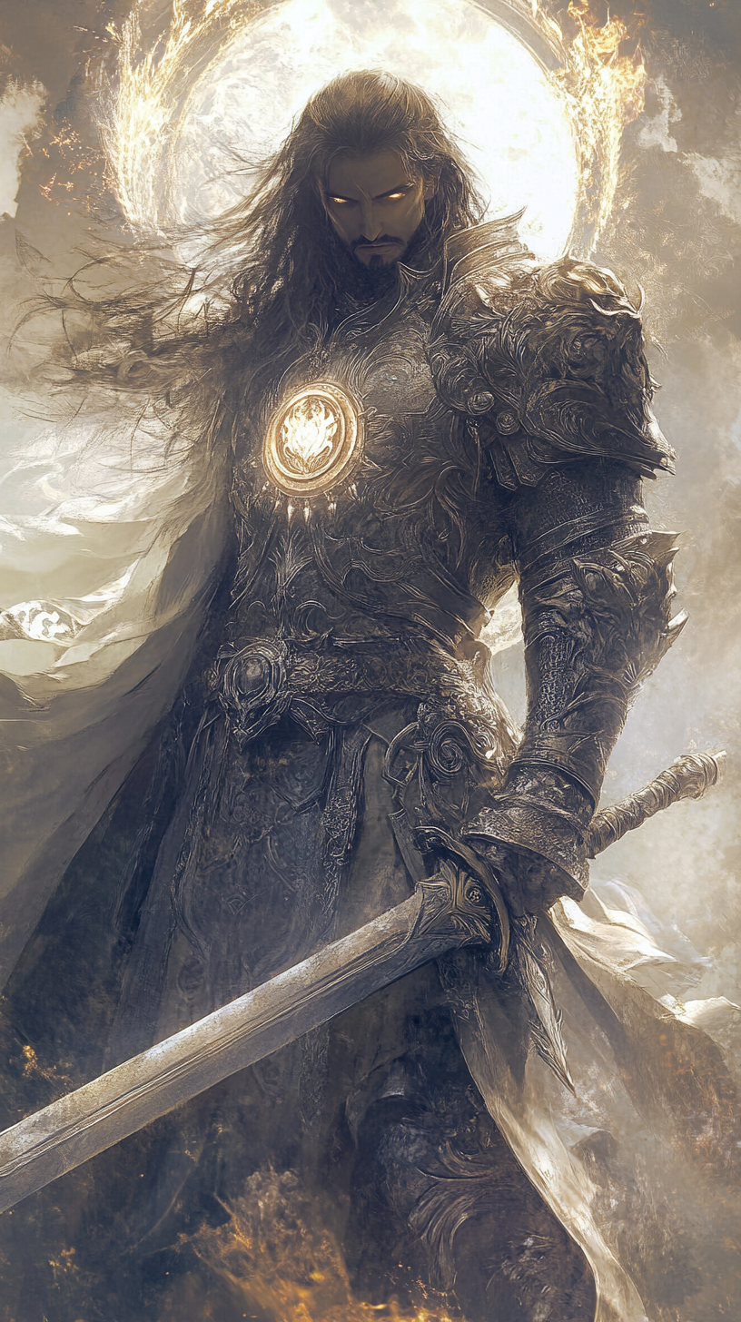 A divine warrior in ornate silver armor with sword.