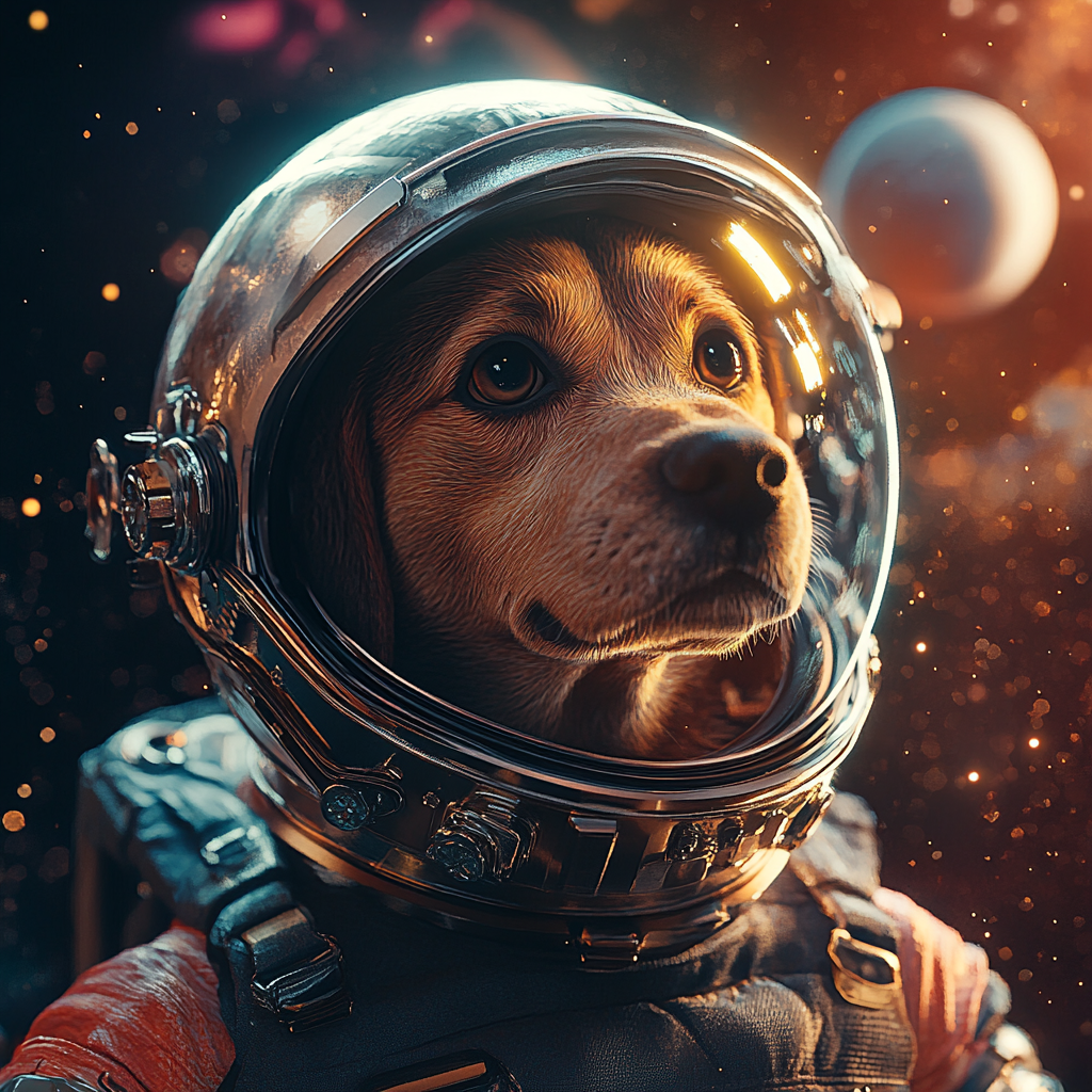 A dog astronaut in space helmet explores planets