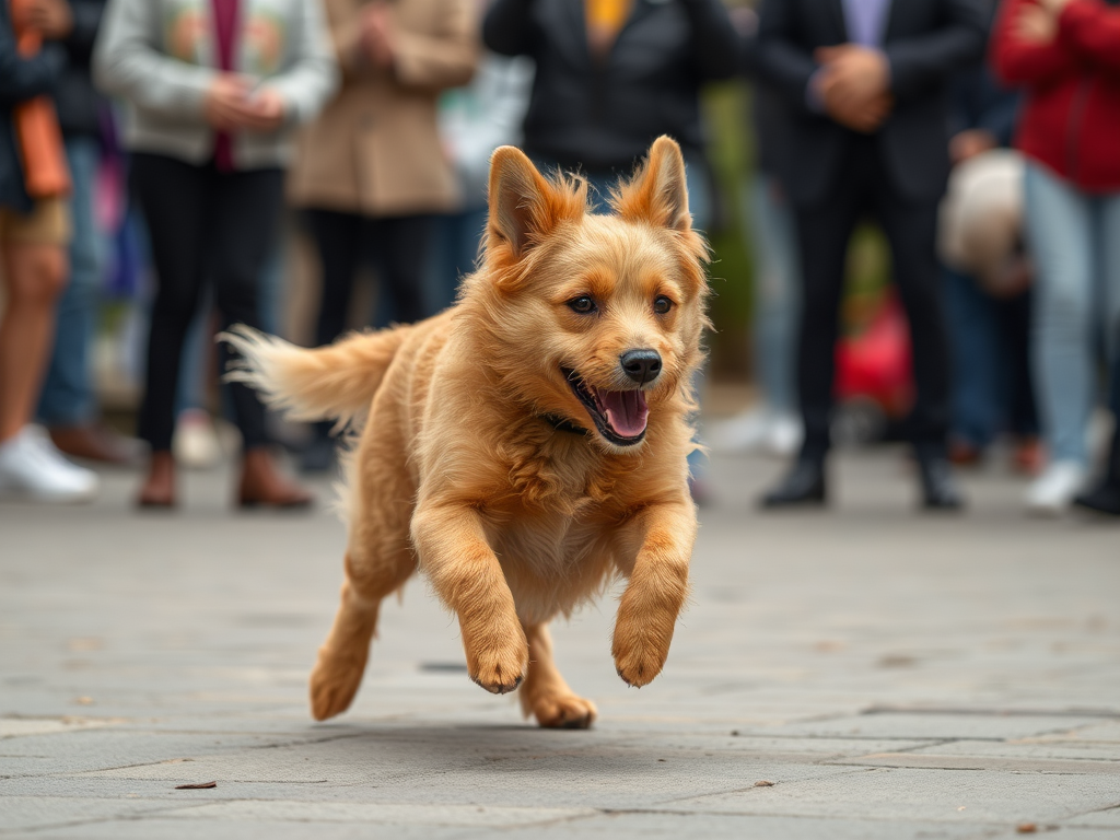 A dog dancing at a party happily.